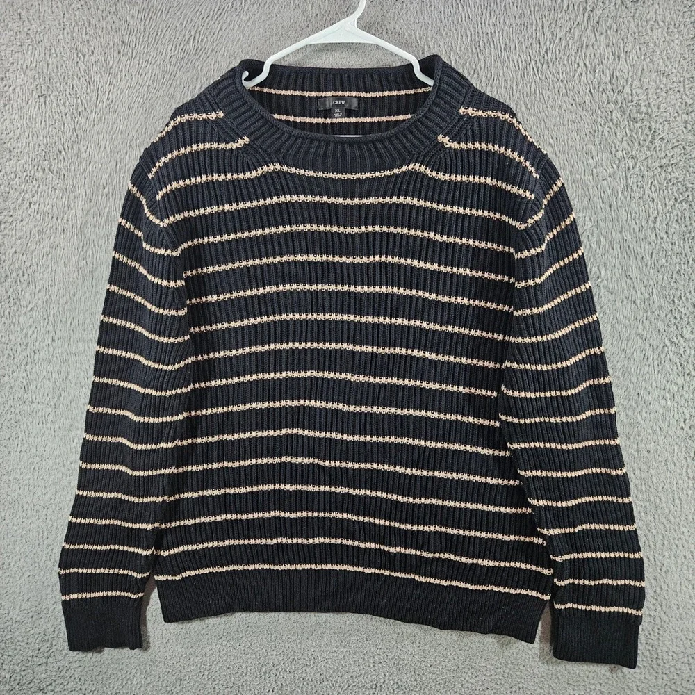 J.Crew Mens XL Striped Ribbed Cotton Crewneck Sweater Black Tan Long Sleeve